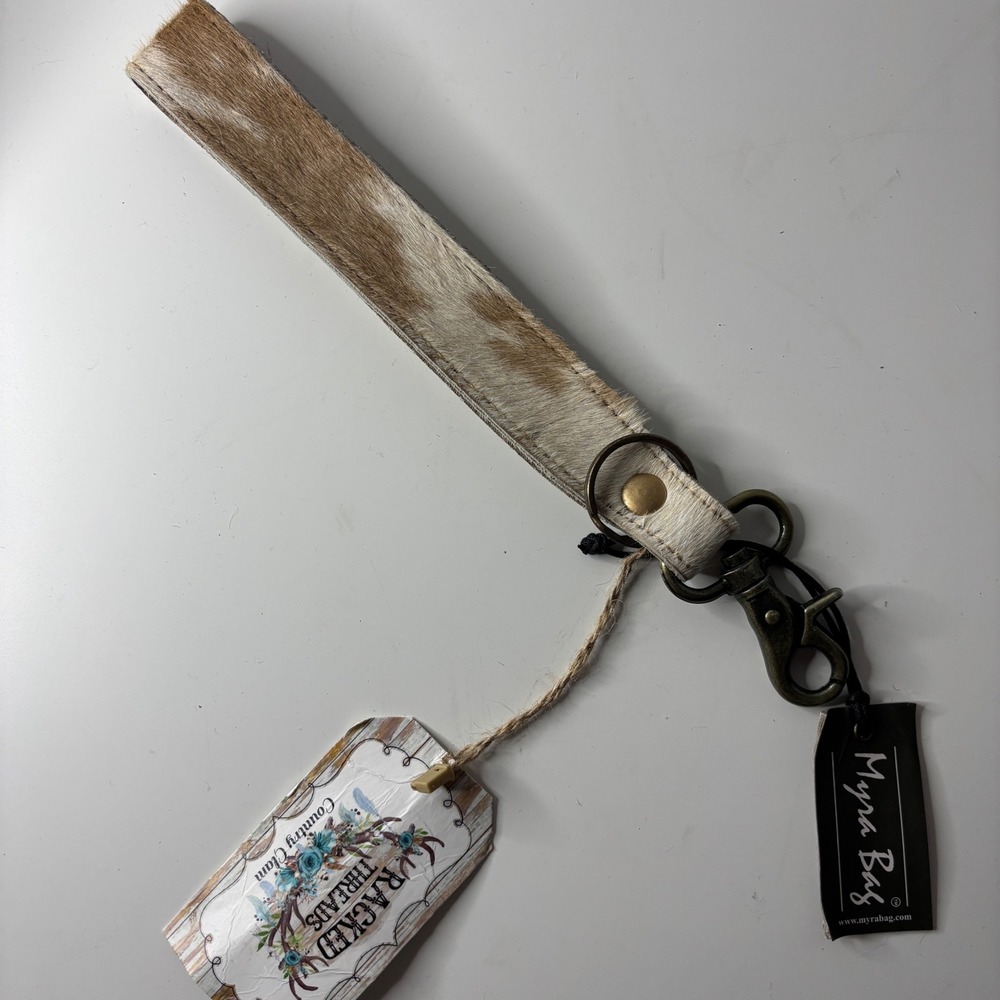 Myra Bag Quiet Sundown Key Fob Women White Tan Hairon Hide Western S-7559 New